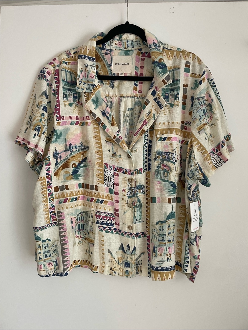 Lucky Brand NWT Linen Blend Cream Short-Sleeve Printed Camp Shirt